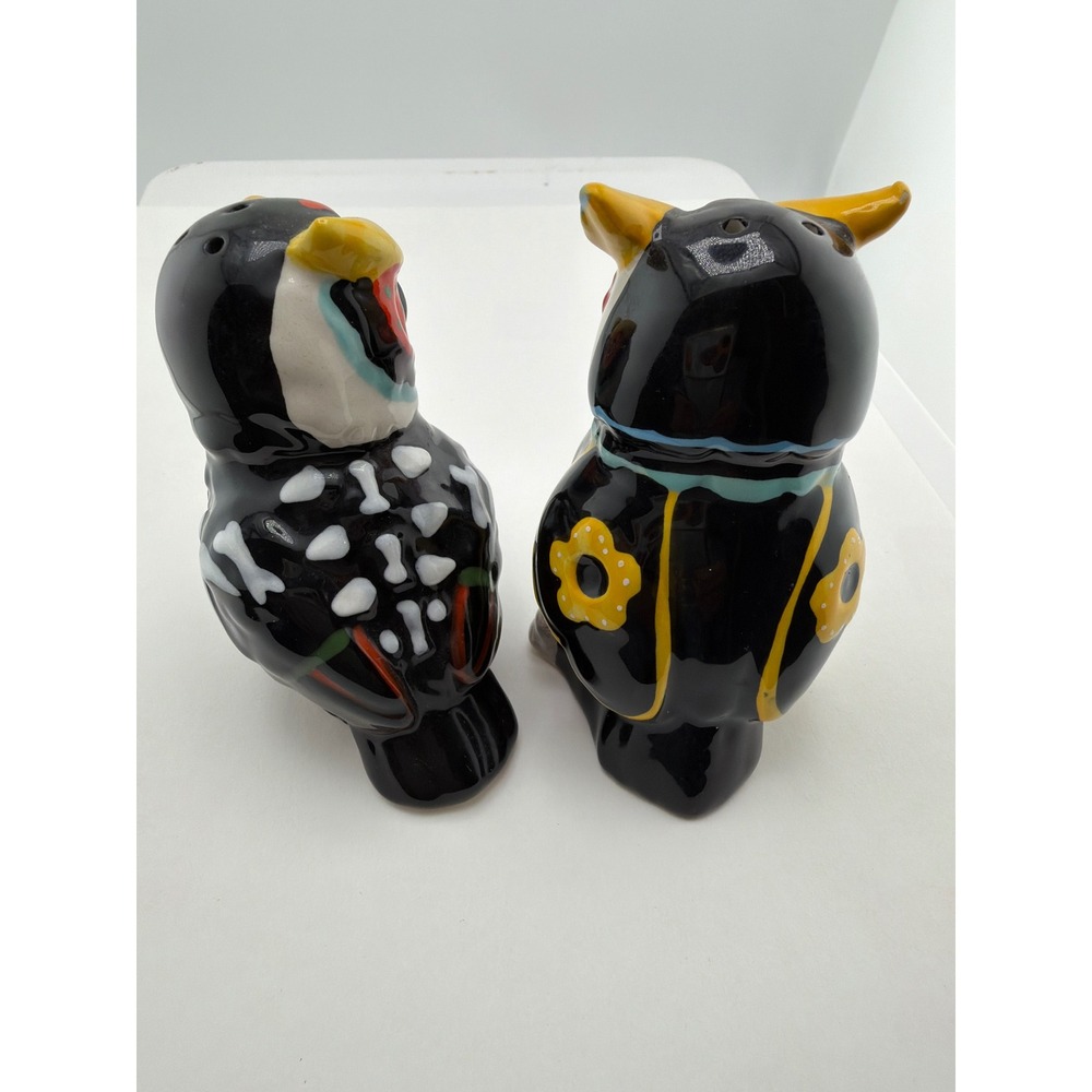 Day of the Dead Owl Salt Pepper Shakers Ceramic Sugar Skull Set - Picture 3 of 5
